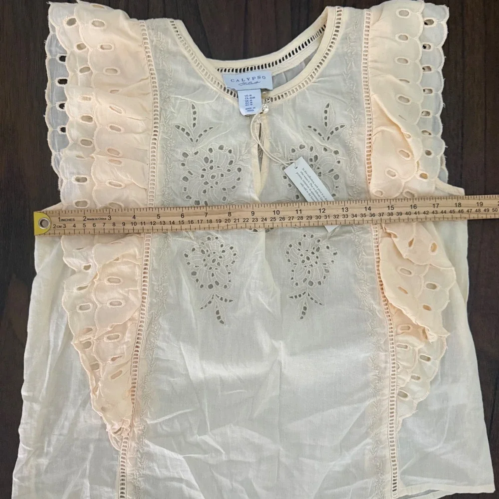 Calypso St Barth Yellow Cotton Eyelet Ruffle Flutter Sleeve Blouse Medium NWT